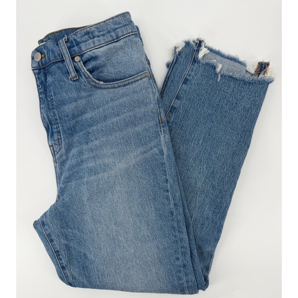 Madewell Classic Straight Jean Size 29 Distressed Raw Hem High Rise Blue Denim